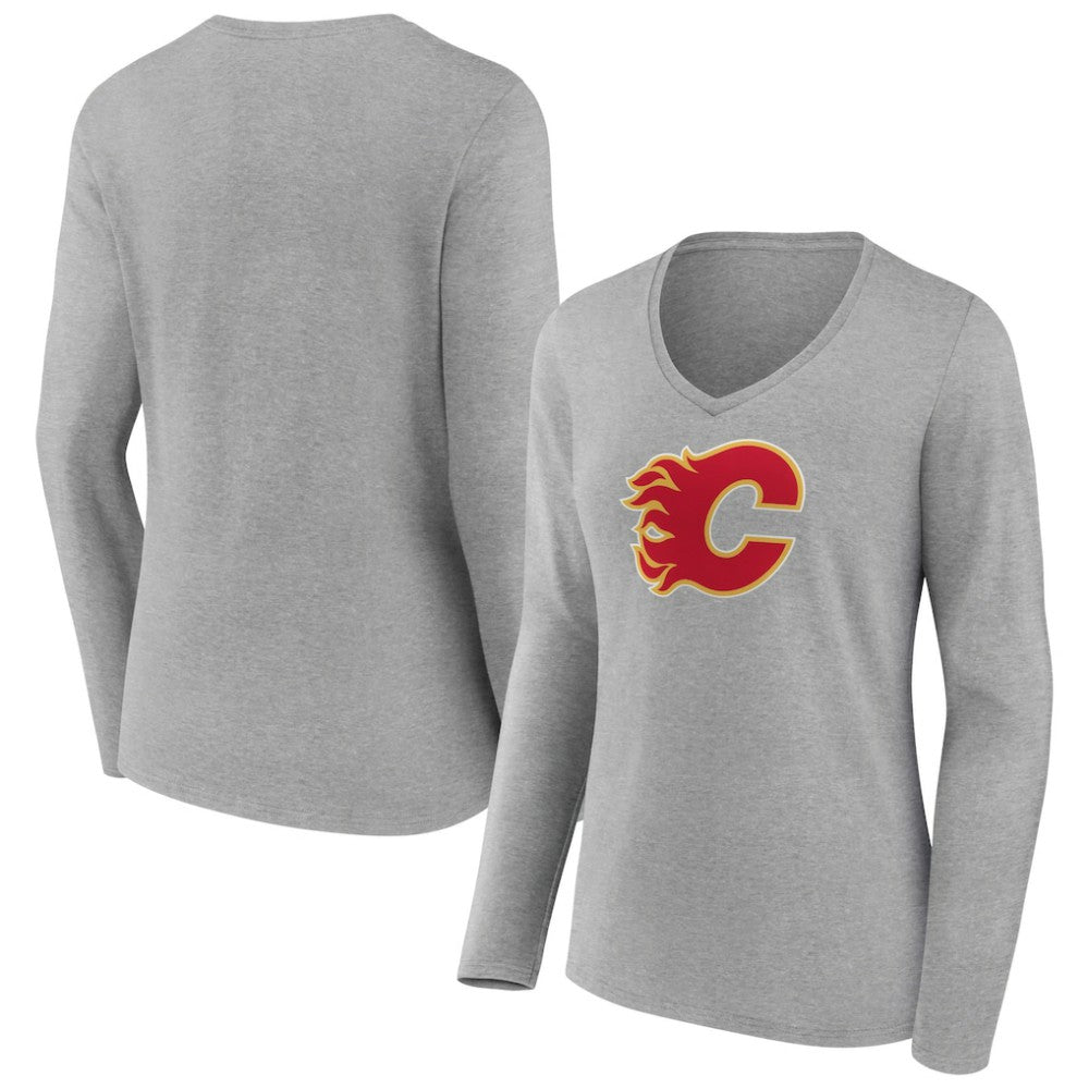NHL Calgary Flames Women's Primary Logo Team Long Sleeve V-Neck T-Shirt - Heather Gray