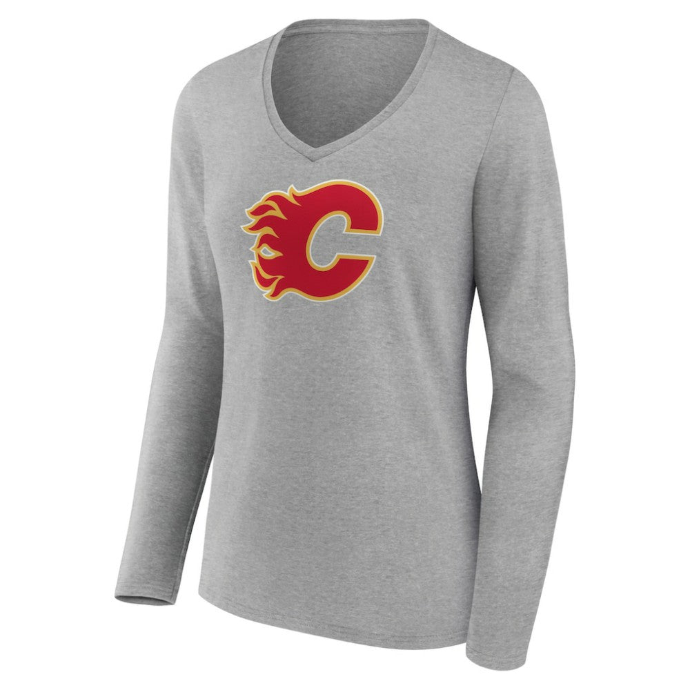 NHL Calgary Flames Women's Primary Logo Team Long Sleeve V-Neck T-Shirt - Heather Gray