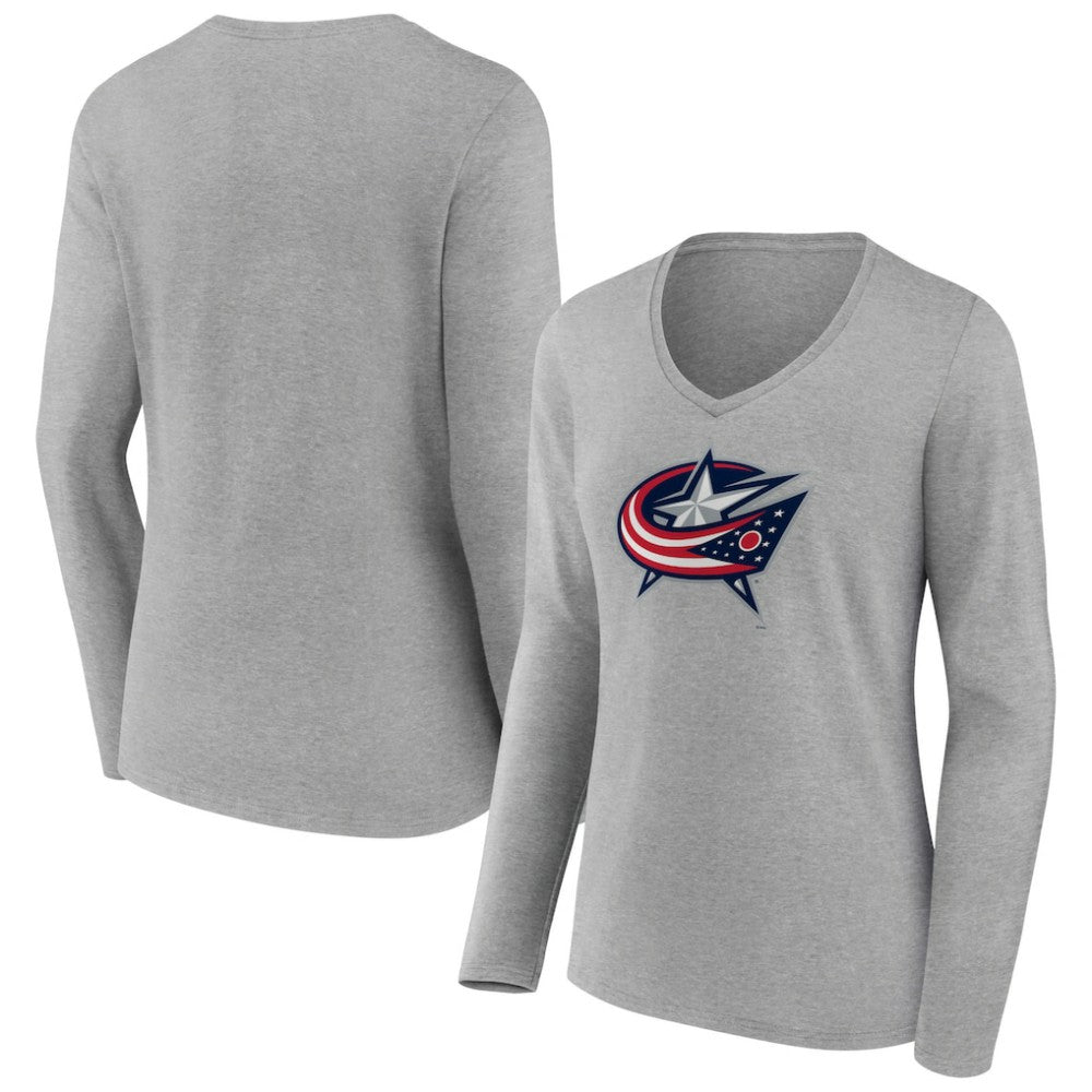 NHL Columbus Blue Jackets Women's Primary Logo Team Long Sleeve V-Neck T-Shirt - Heather Gray