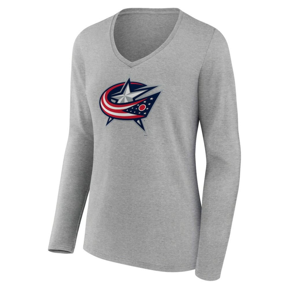 NHL Columbus Blue Jackets Women's Primary Logo Team Long Sleeve V-Neck T-Shirt - Heather Gray