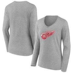 NHL Detroit Red Wings Women's Primary Logo Team Long Sleeve V-Neck T-Shirt - Heather Gray