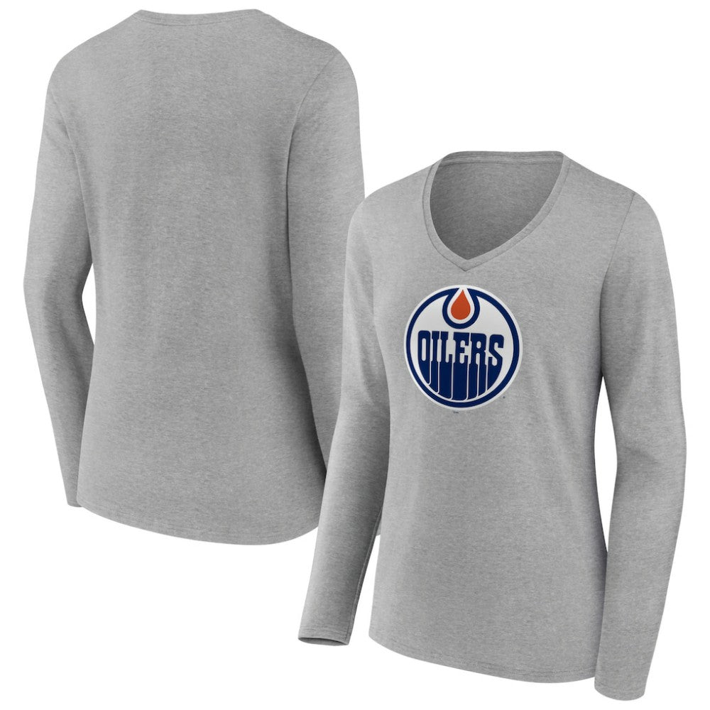 NHL Edmonton Oilers Women's Primary Logo Team Long Sleeve V-Neck T-Shirt - Heather Gray