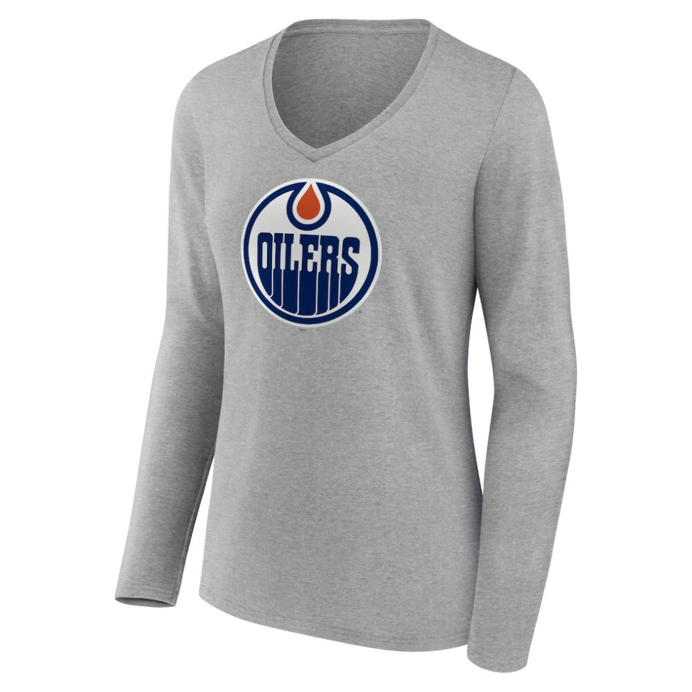 NHL Edmonton Oilers Women's Primary Logo Team Long Sleeve V-Neck T-Shirt - Heather Gray