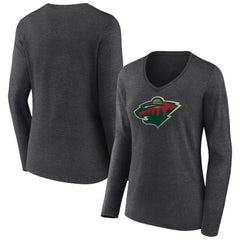 NHL Minnesota Wild Women's Primary Team Logo Long Sleeve V-Neck T-Shirt - Heather Charcoal