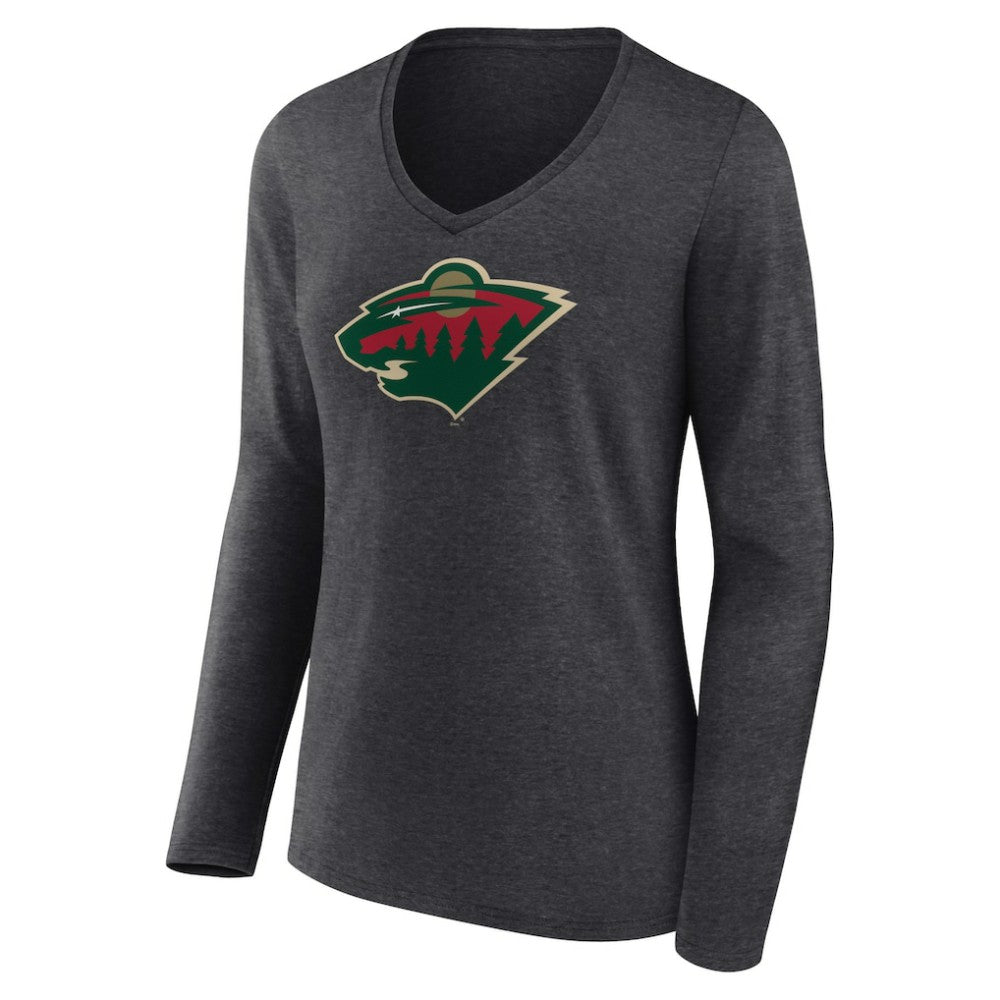 NHL Minnesota Wild Women's Primary Team Logo Long Sleeve V-Neck T-Shirt - Heather Charcoal
