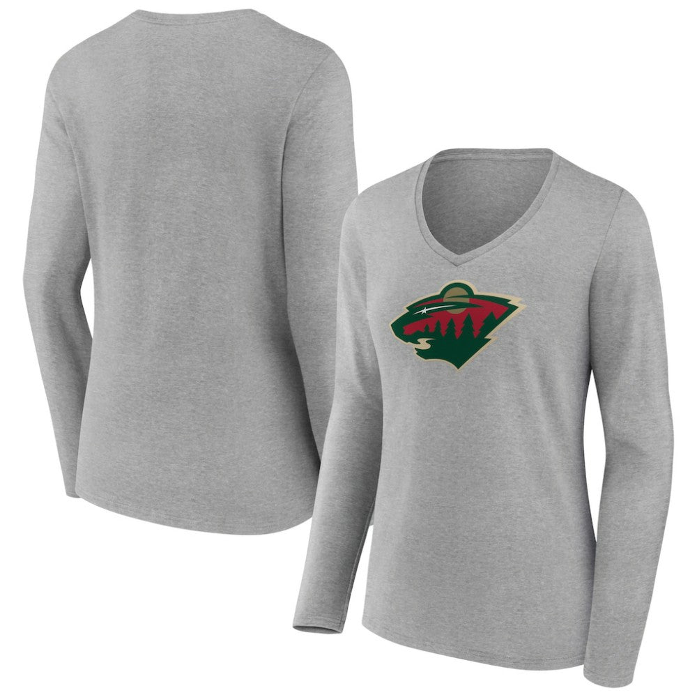 NHL Minnesota Wild Women's Primary Logo Team Long Sleeve V-Neck T-Shirt - Heather Gray