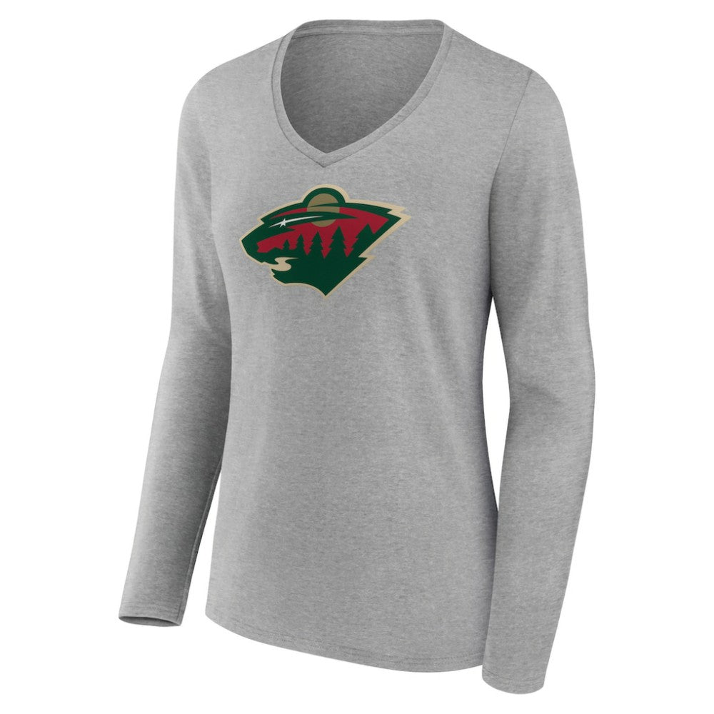 NHL Minnesota Wild Women's Primary Logo Team Long Sleeve V-Neck T-Shirt - Heather Gray