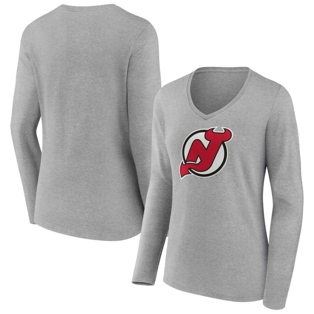 NHL New Jersey Devils Women's Primary Logo Team Long Sleeve V-Neck T-Shirt - Heather Gray