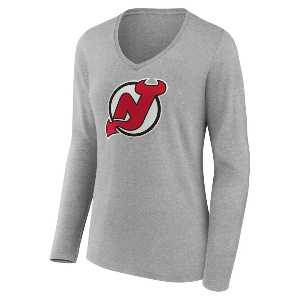 NHL New Jersey Devils Women's Primary Logo Team Long Sleeve V-Neck T-Shirt - Heather Gray