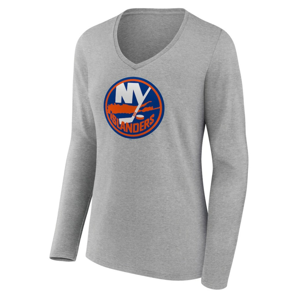 NHL New York Islanders Women's Primary Logo Team Long Sleeve V-Neck T-Shirt - Heather Gray