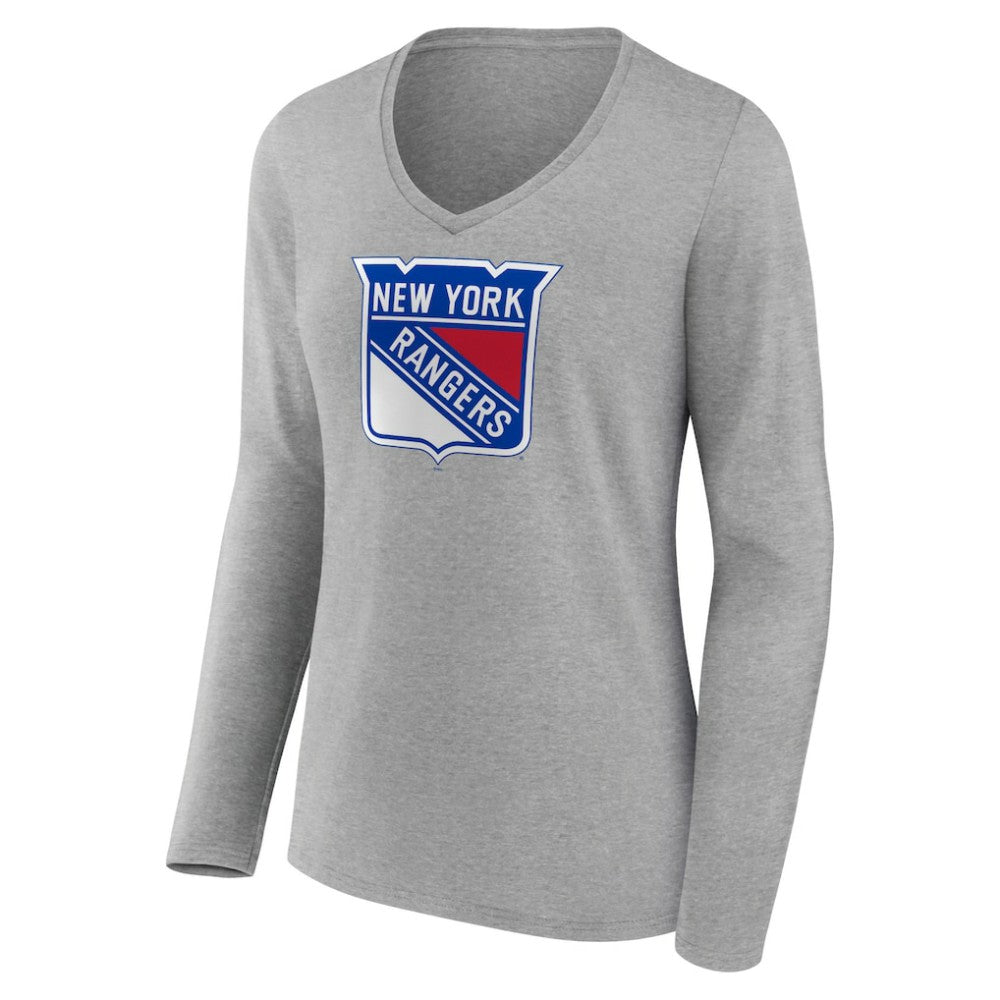 NHL New York Rangers Women's Primary Logo Team Long Sleeve V-Neck T-Shirt - Heather Gray