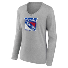 NHL New York Rangers Women's Primary Logo Team Long Sleeve V-Neck T-Shirt - Heather Gray