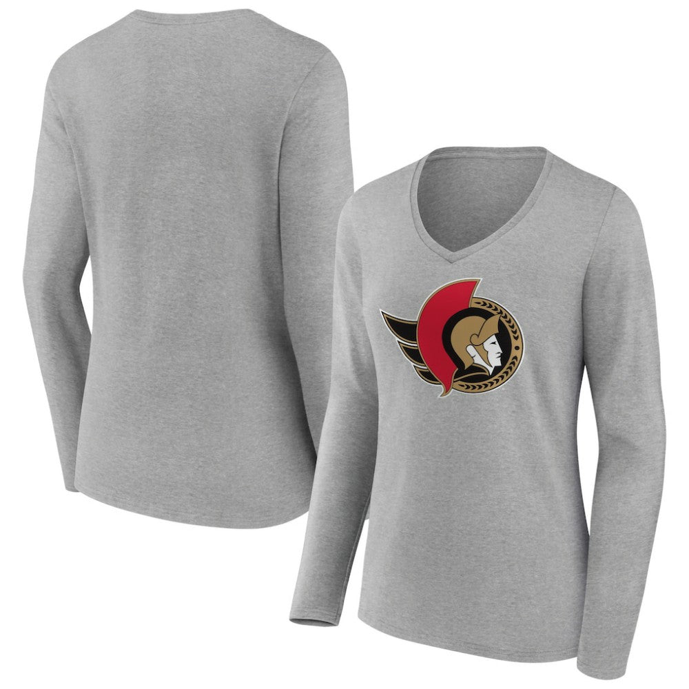 NHL Ottawa Senators Women's Primary Logo Team Long Sleeve V-Neck T-Shirt - Heather Gray