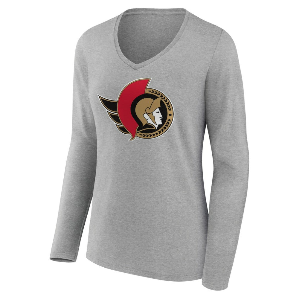 NHL Ottawa Senators Women's Primary Logo Team Long Sleeve V-Neck T-Shirt - Heather Gray