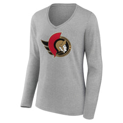 NHL Ottawa Senators Women's Primary Logo Team Long Sleeve V-Neck T-Shirt - Heather Gray