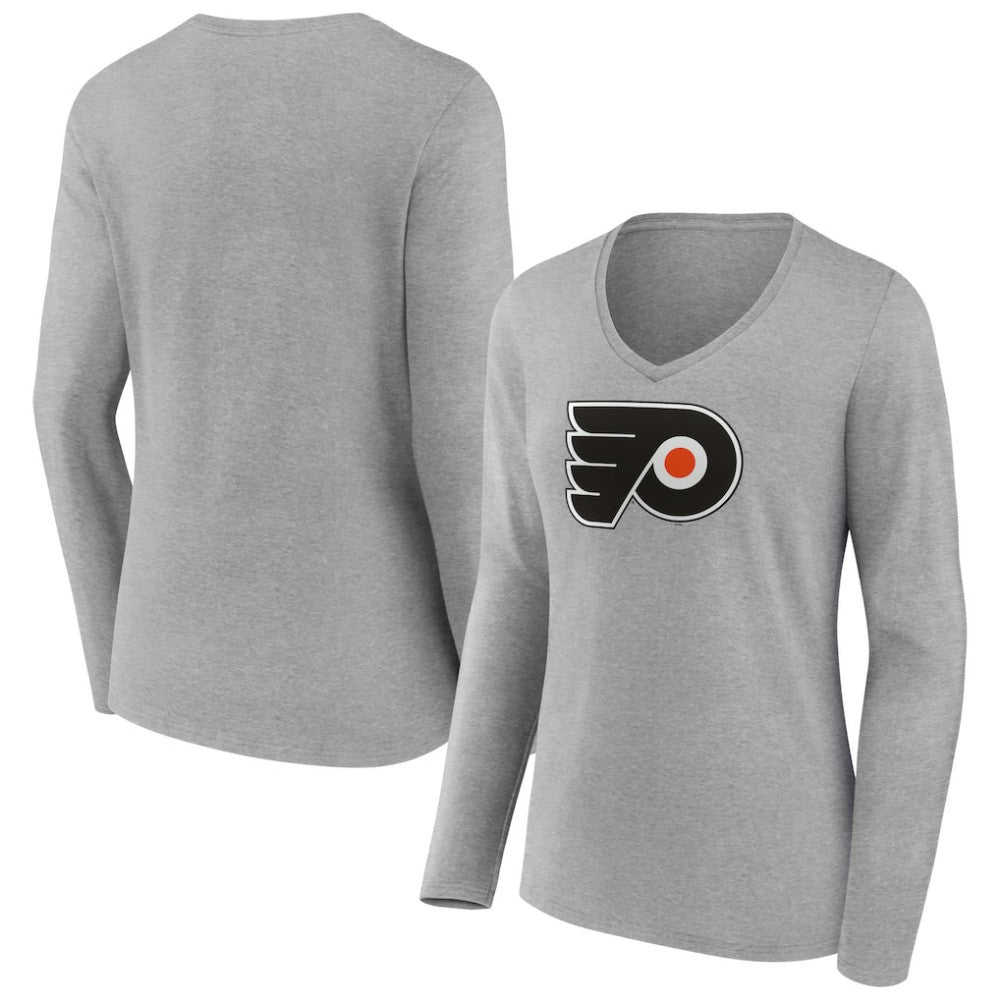 NHL Philadelphia Flyers Women's Primary Logo Team Long Sleeve V-Neck T-Shirt - Heather Gray