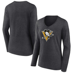 NHL Pittsburgh Penguins Women's Primary Team Logo Long Sleeve V-Neck T-Shirt - Heather Charcoal