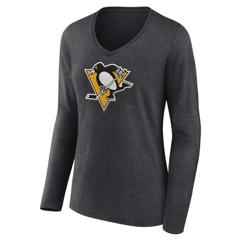 NHL Pittsburgh Penguins Women's Primary Team Logo Long Sleeve V-Neck T-Shirt - Heather Charcoal