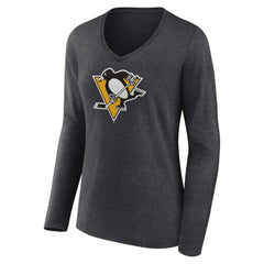 NHL Pittsburgh Penguins Women's Primary Team Logo Long Sleeve V-Neck T-Shirt - Heather Charcoal
