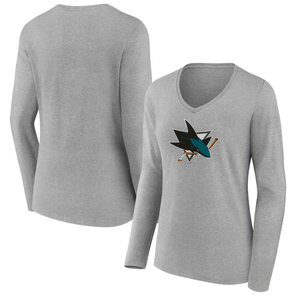 NHL San Jose Sharks Women's Primary Logo Team Long Sleeve V-Neck T-Shirt - Heather Gray