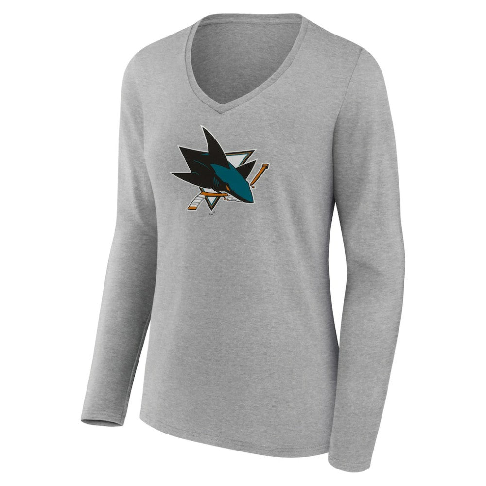 NHL San Jose Sharks Women's Primary Logo Team Long Sleeve V-Neck T-Shirt - Heather Gray