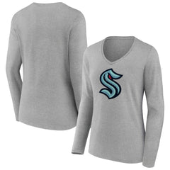 NHL Seattle Kraken Women's Primary Logo Team Long Sleeve V-Neck T-Shirt - Heather Gray