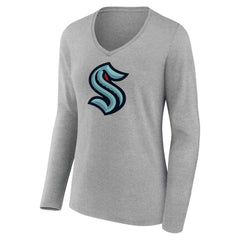 NHL Seattle Kraken Women's Primary Logo Team Long Sleeve V-Neck T-Shirt - Heather Gray