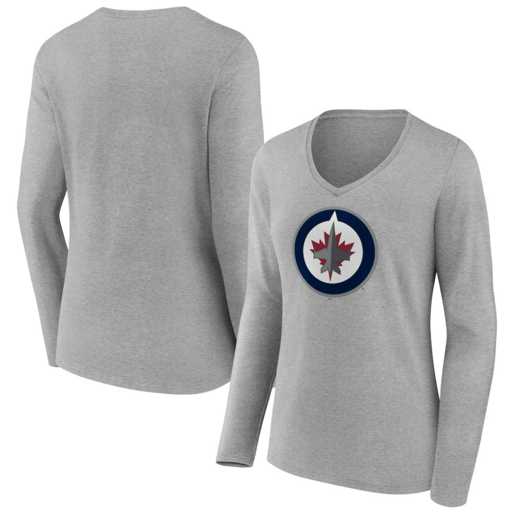 NHL Winnipeg Jets Women's Primary Logo Team Long Sleeve V-Neck T-Shirt - Heather Gray