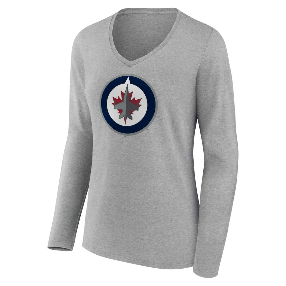 NHL Winnipeg Jets Women's Primary Logo Team Long Sleeve V-Neck T-Shirt - Heather Gray