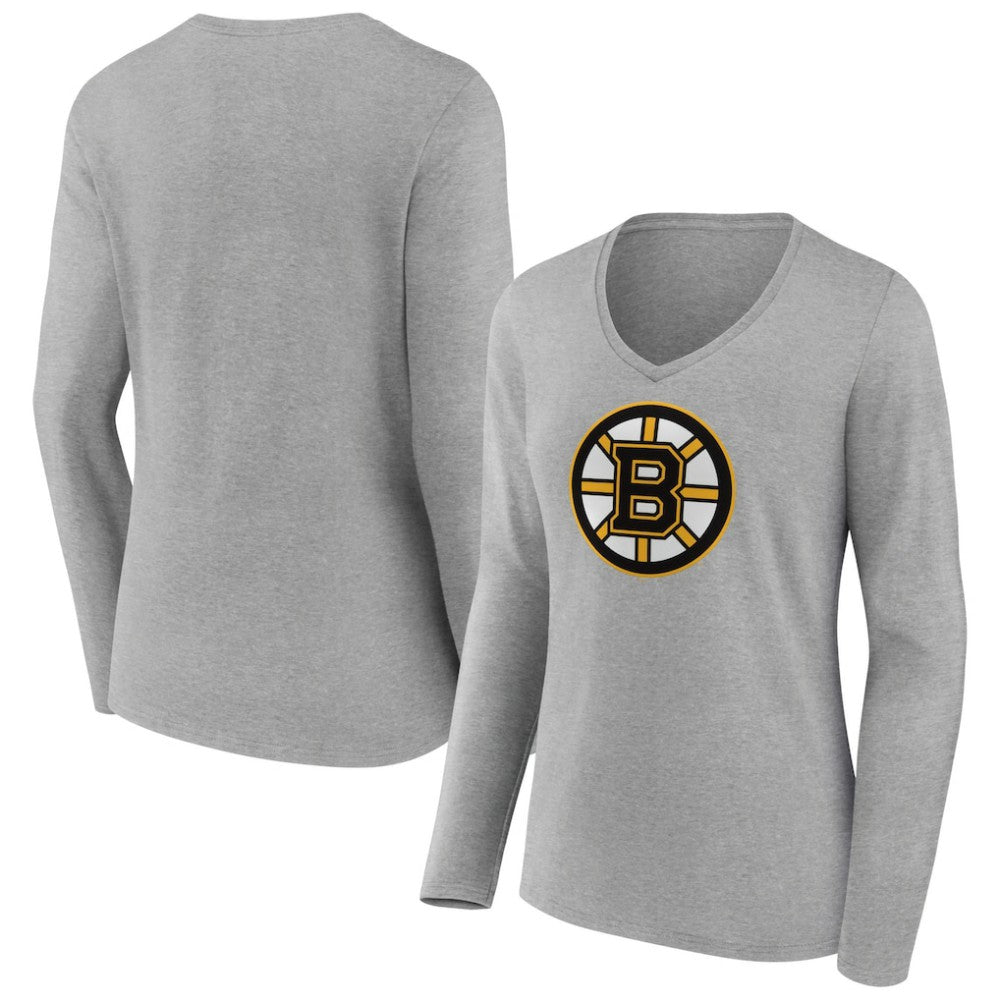 NHL Boston Bruins Women's Primary Logo Team Long Sleeve V-Neck T-Shirt - Heather Gray