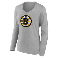 NHL Boston Bruins Women's Primary Logo Team Long Sleeve V-Neck T-Shirt - Heather Gray