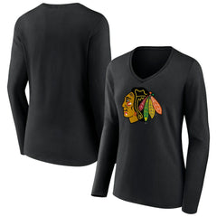NHL Chicago Blackhawks Women's Primary Team Logo Long Sleeve V-Neck T-Shirt - Black