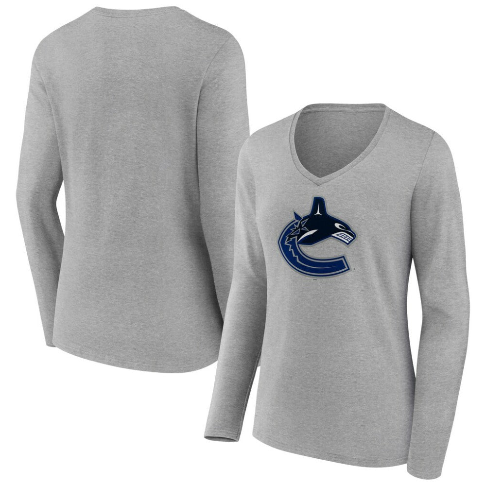 NHL Vancouver Canucks Women's Primary Logo Team Long Sleeve V-Neck T-Shirt - Heather Gray