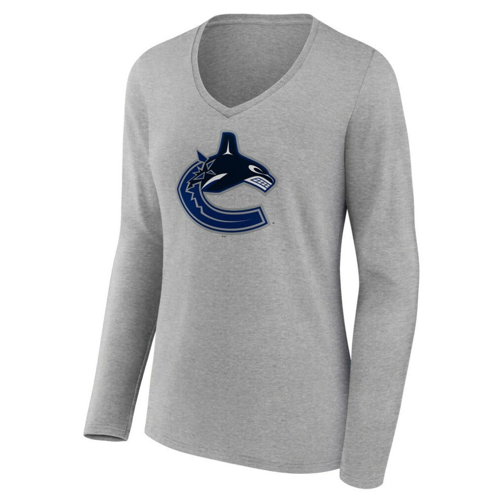 NHL Vancouver Canucks Women's Primary Logo Team Long Sleeve V-Neck T-Shirt - Heather Gray
