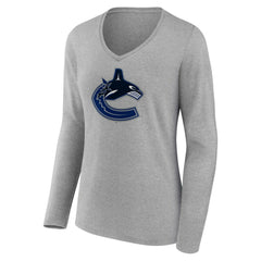 NHL Vancouver Canucks Women's Primary Logo Team Long Sleeve V-Neck T-Shirt - Heather Gray
