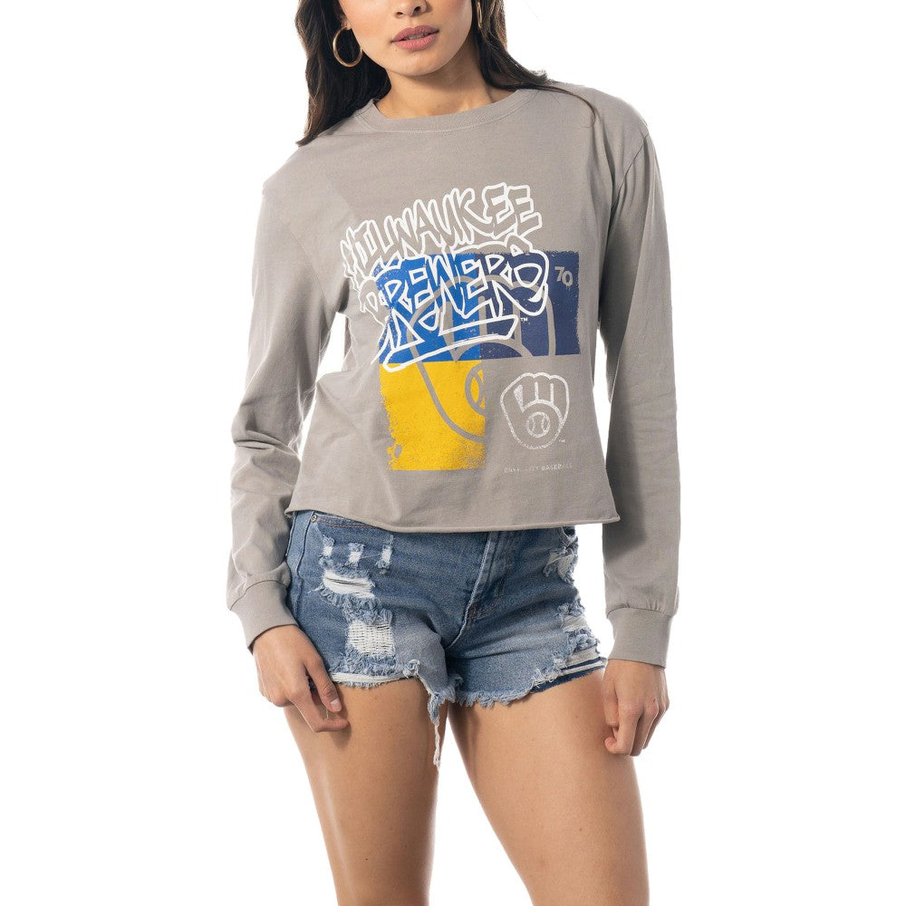 Milwaukee Brewers The Wild Collective Women's Cropped Long Sleeve T-Shirt - Gray T-shirts