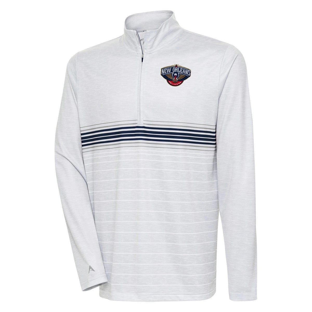 New Orleans Pelicans Antigua Bullseye Quarter-Zip Pullover Top Heather Gray/Navy