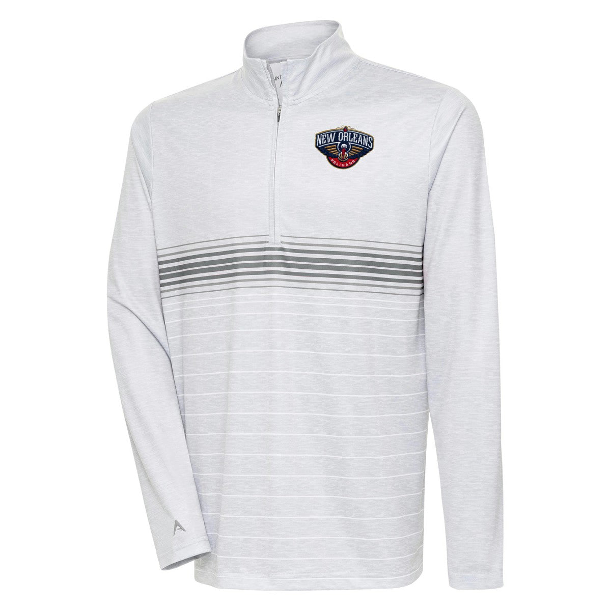 New Orleans Pelicans Antigua Bullseye Quarter-Zip Pullover Top Heather Gray/Steel