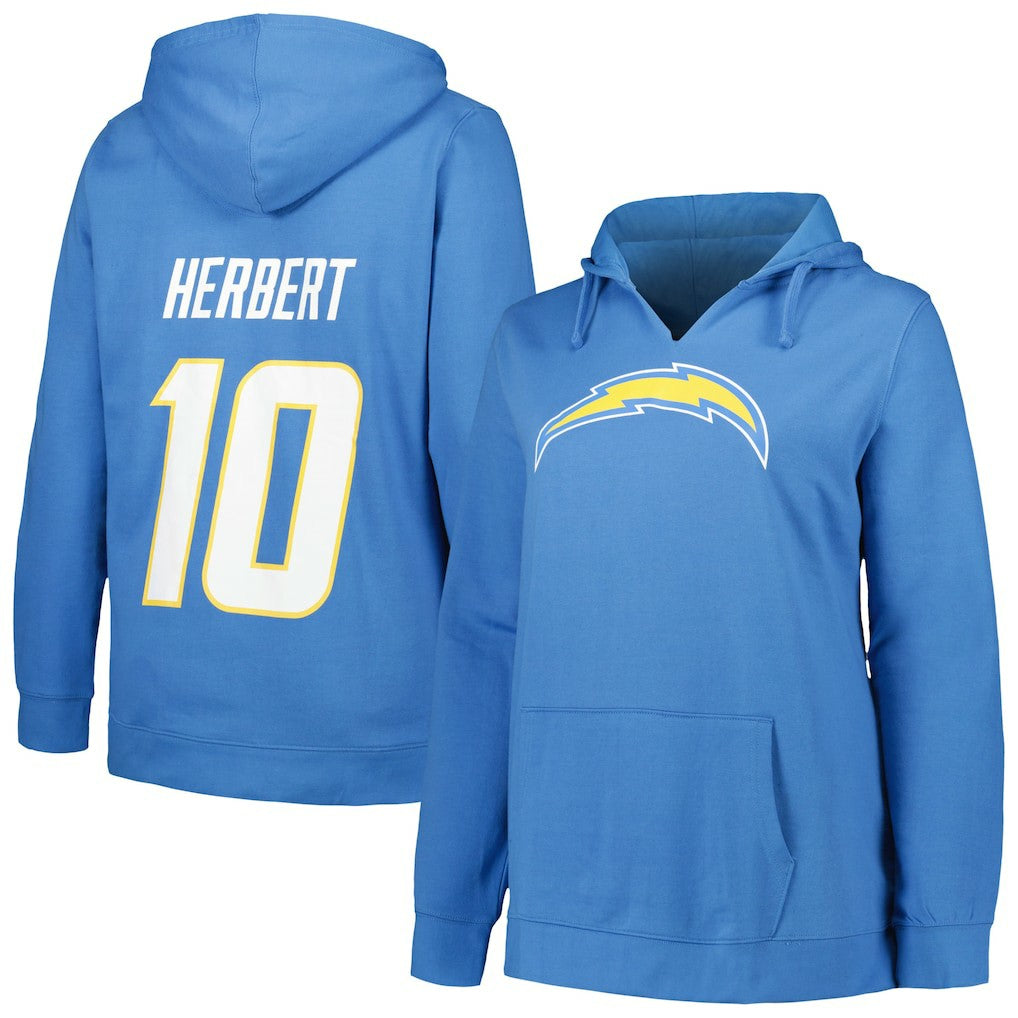 Justin Herbert Los Angeles Chargers Profile Women's Plus Size Player Name & Number Pullover Hoodie Powder Blue