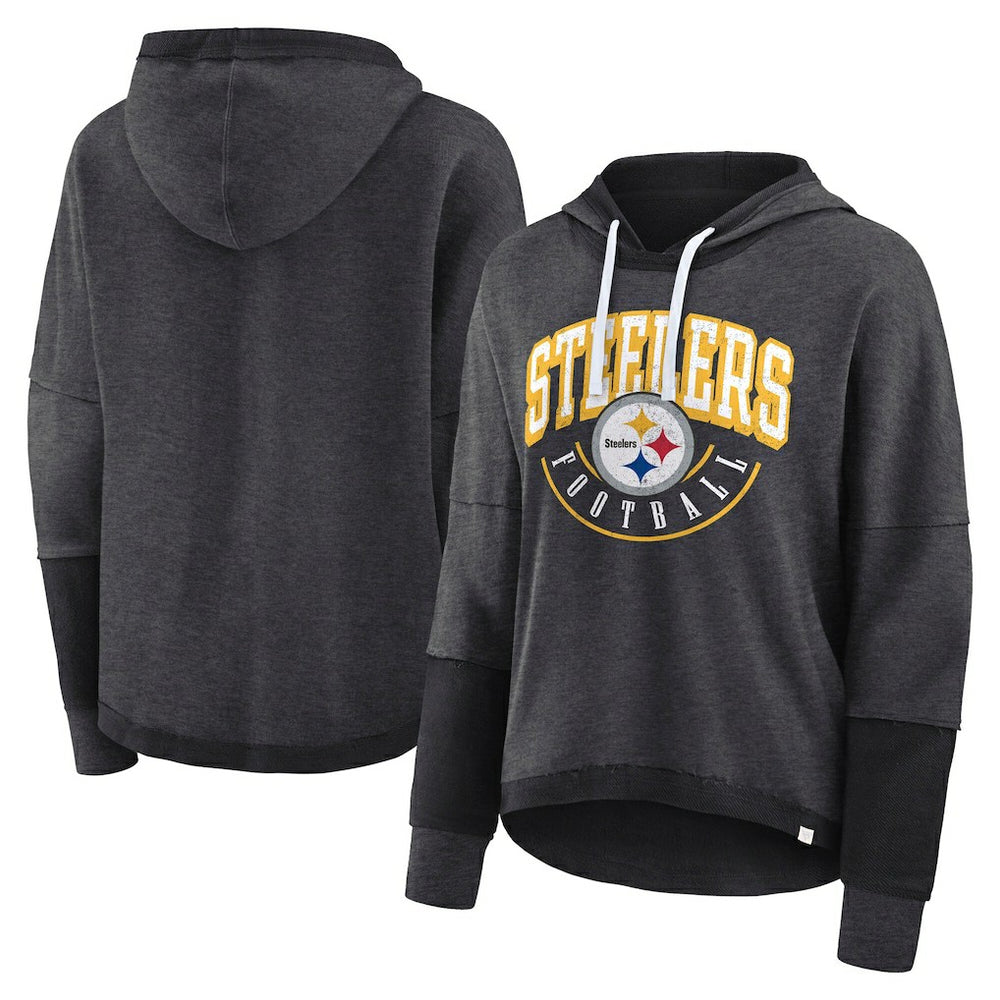 Pittsburgh Steelers Women's Lightewight Modest Crop Lounge Helmet Arch Pullover Hoodie Charcoal