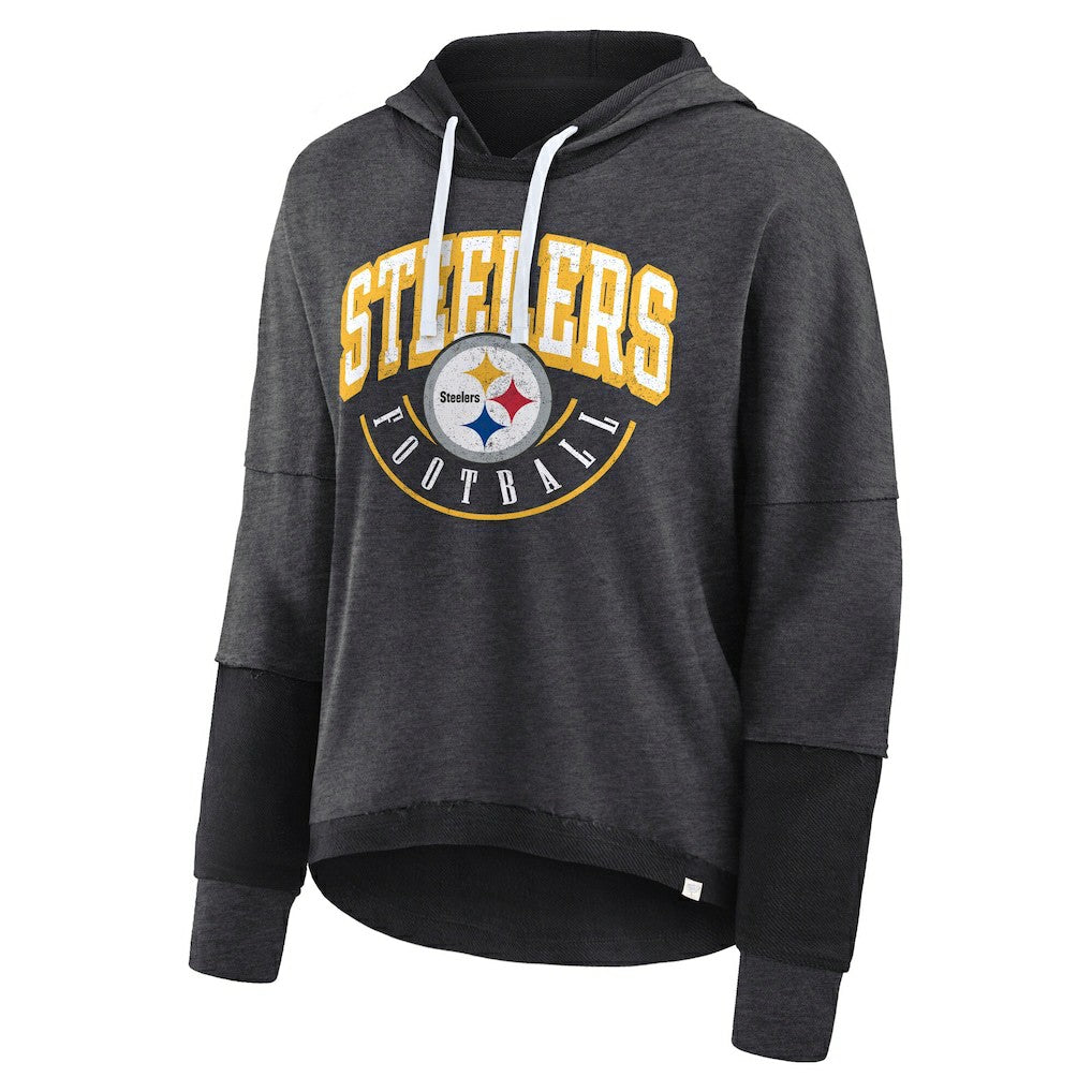 Pittsburgh Steelers Women's Lightewight Modest Crop Lounge Helmet Arch Pullover Hoodie Charcoal