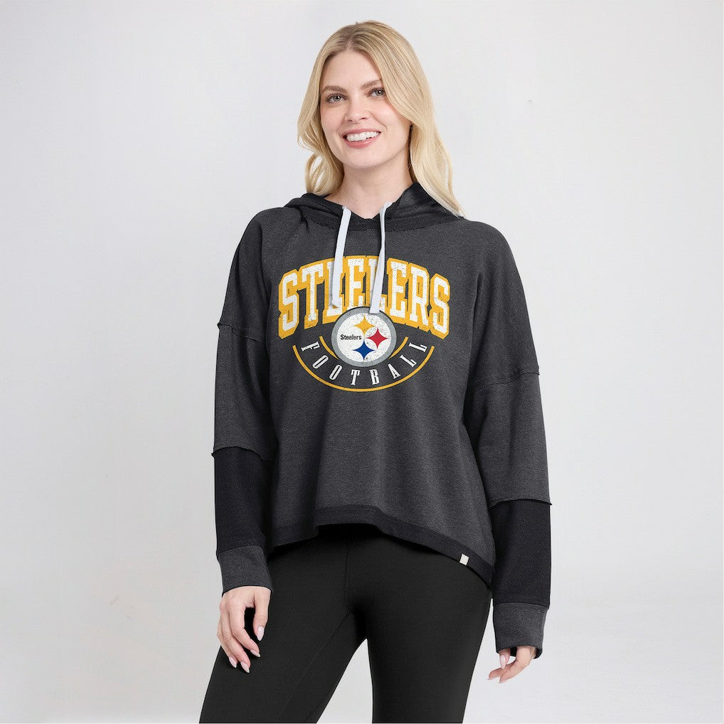 Pittsburgh Steelers Women's Lightewight Modest Crop Lounge Helmet Arch Pullover Hoodie Charcoal