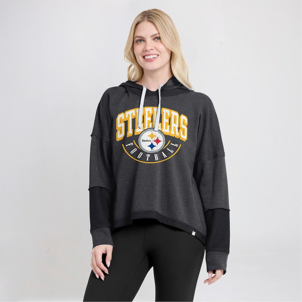 Pittsburgh Steelers Women's Lightewight Modest Crop Lounge Helmet Arch Pullover Hoodie Charcoal
