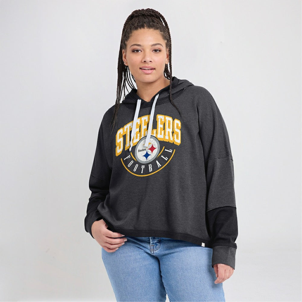 Pittsburgh Steelers Women's Lightewight Modest Crop Lounge Helmet Arch Pullover Hoodie Charcoal