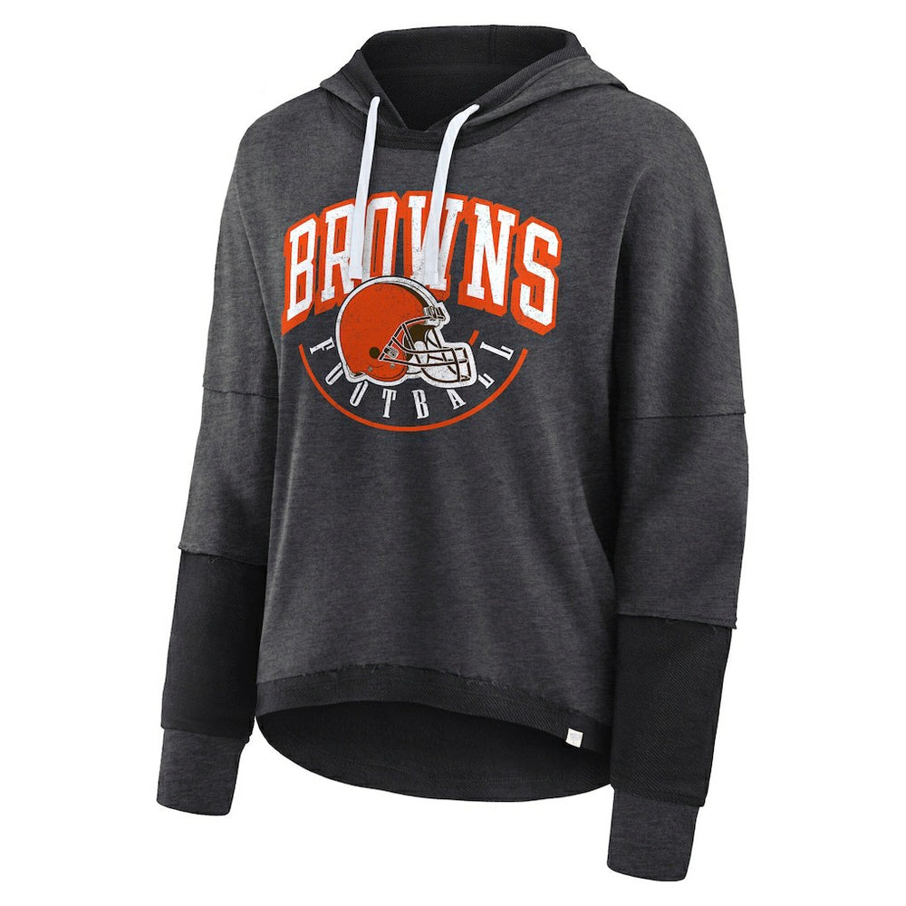 Cleveland Browns Women's Lightewight Modest Crop Lounge Helmet Arch Pullover Hoodie Charcoal