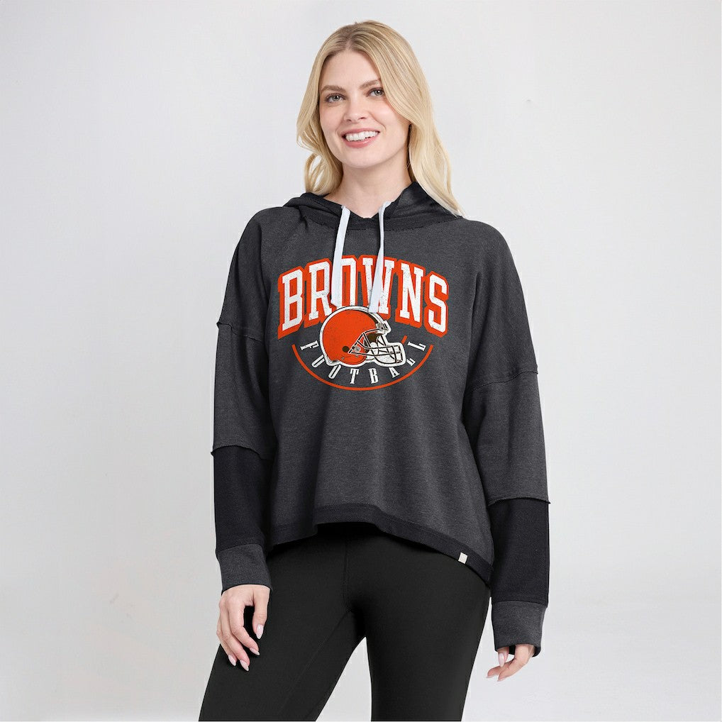 Cleveland Browns Women's Lightewight Modest Crop Lounge Helmet Arch Pullover Hoodie Charcoal