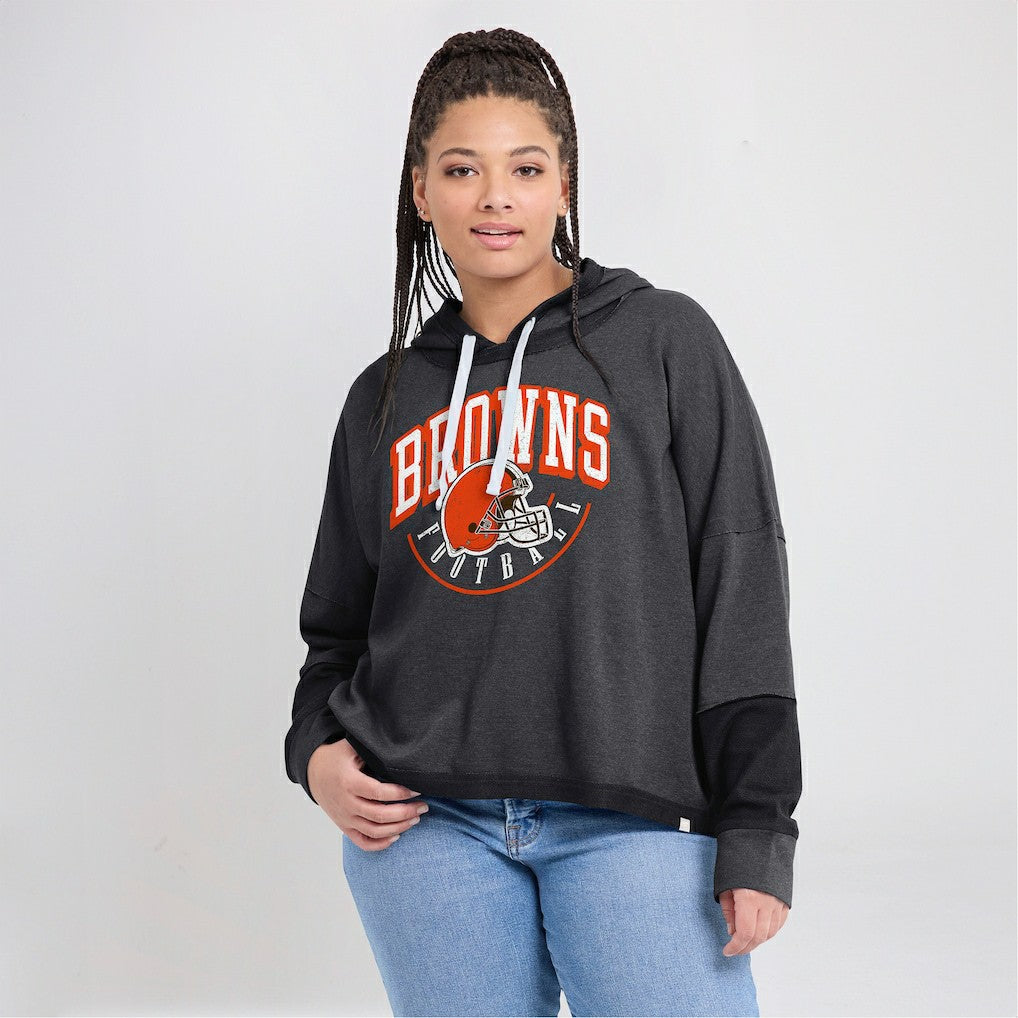 Cleveland Browns Women's Lightewight Modest Crop Lounge Helmet Arch Pullover Hoodie Charcoal