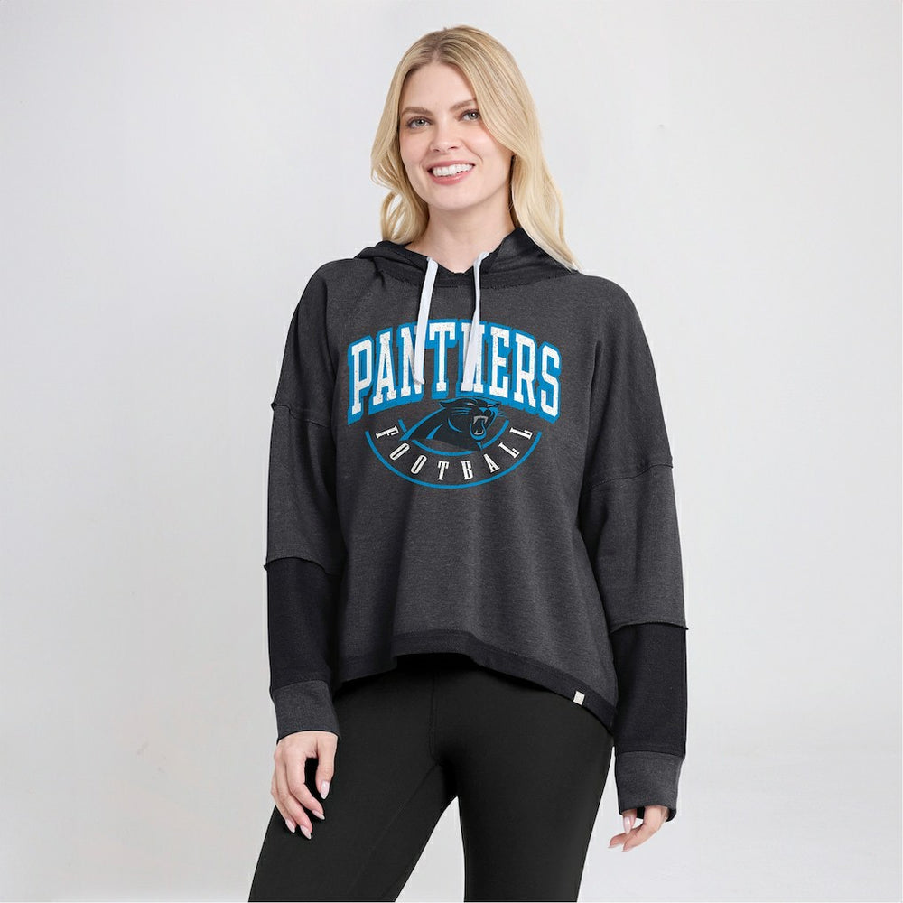 Carolina Panthers Women's Lightewight Modest Crop Lounge Helmet Arch Pullover Hoodie Charcoal