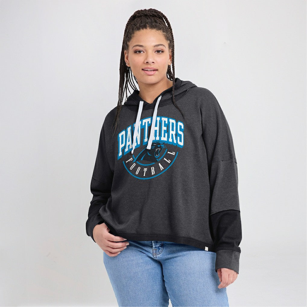 Carolina Panthers Women's Lightewight Modest Crop Lounge Helmet Arch Pullover Hoodie Charcoal