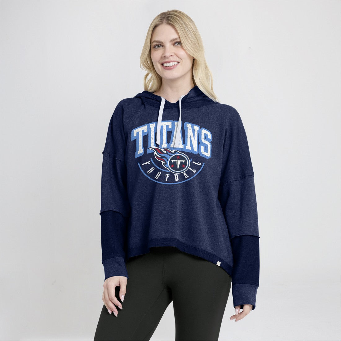 Tennessee Titans Women's Lightewight Modest Crop Lounge Helmet Arch Pullover Hoodie Navy
